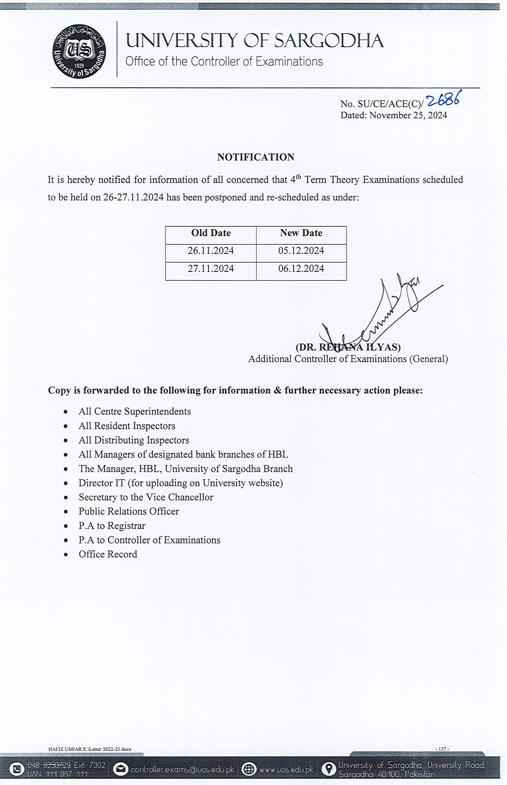 Notification Regarding Postponement of BS/BBA 4th Term written Exams on dated 26 & 27-11-2024
